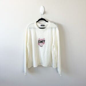 Wooden Ships Paola Buendia Owl Graphic Knit Sweater Cream Cozy Women's Size M/L